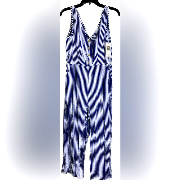 Cute Jumpsuit, Small, Blue & White Stripes, NWT, Zips in Back, Lined, Pockets - Picture 2 of 12